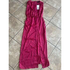 NWT Zara S Long Pink Satin Dress Front Slit